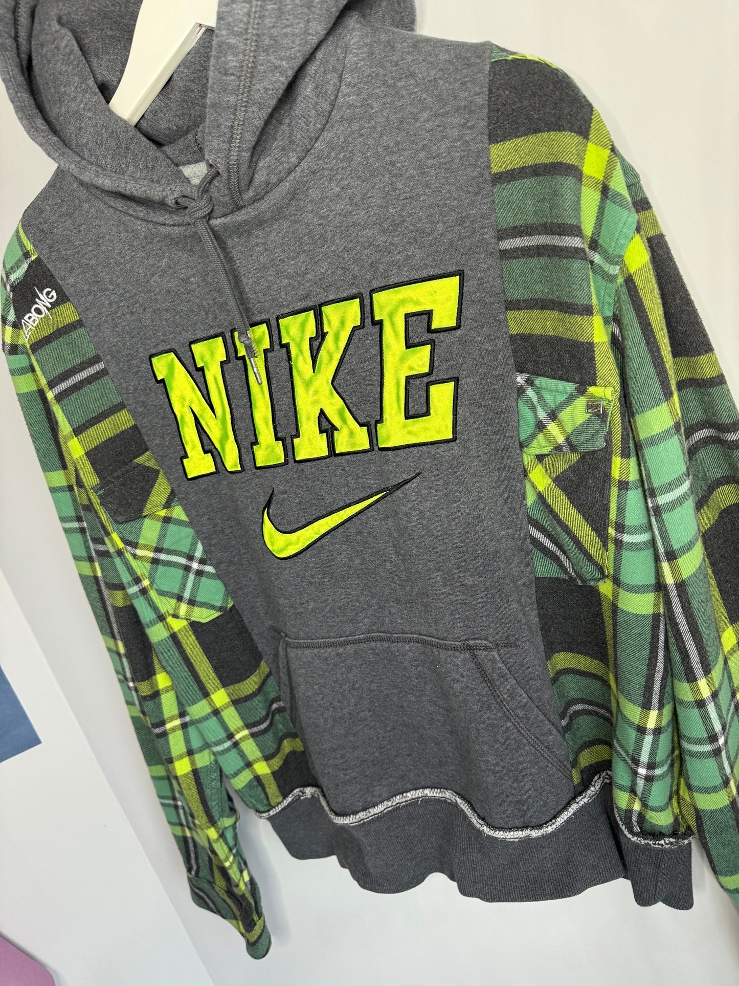 Vintage Custom Upcycled 1/1 Reworked Nike x Billabong “GreenGoblin” Hoodie Flannel Sweatshirt