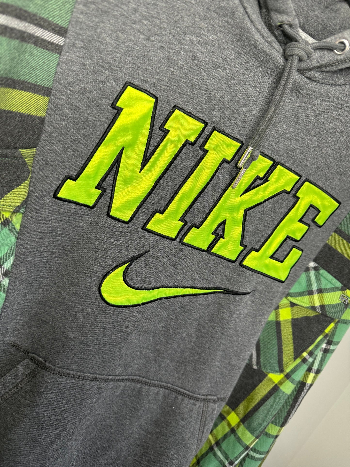 Vintage Custom Upcycled 1/1 Reworked Nike x Billabong “GreenGoblin” Hoodie Flannel Sweatshirt