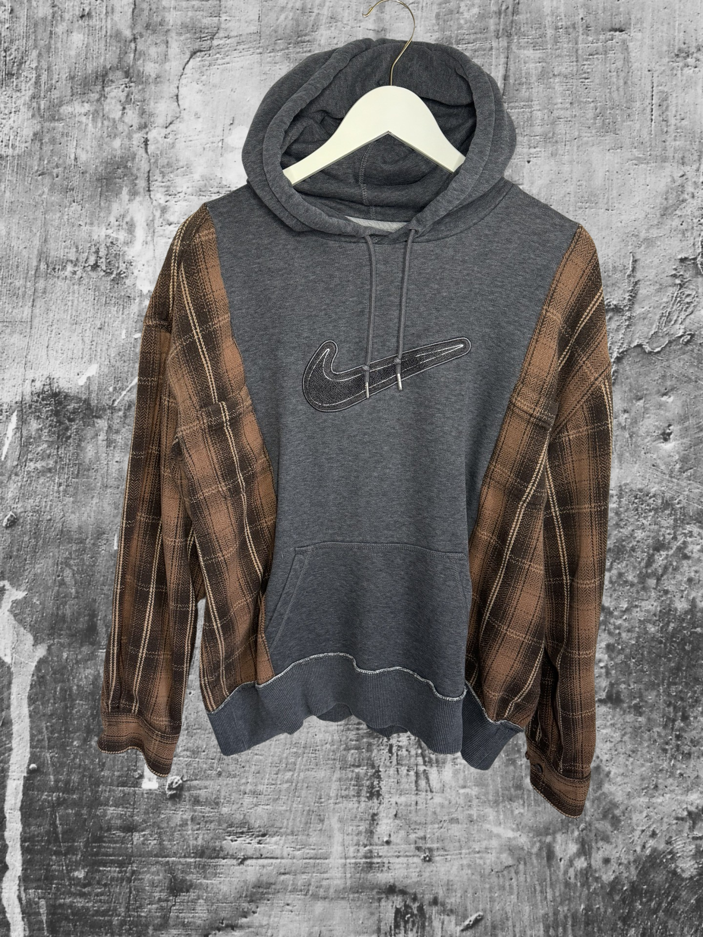 Vintage Custom Upcycled 1/1 Reworked Nike “EarthTone” Hoodie Flannel Sweatshirt