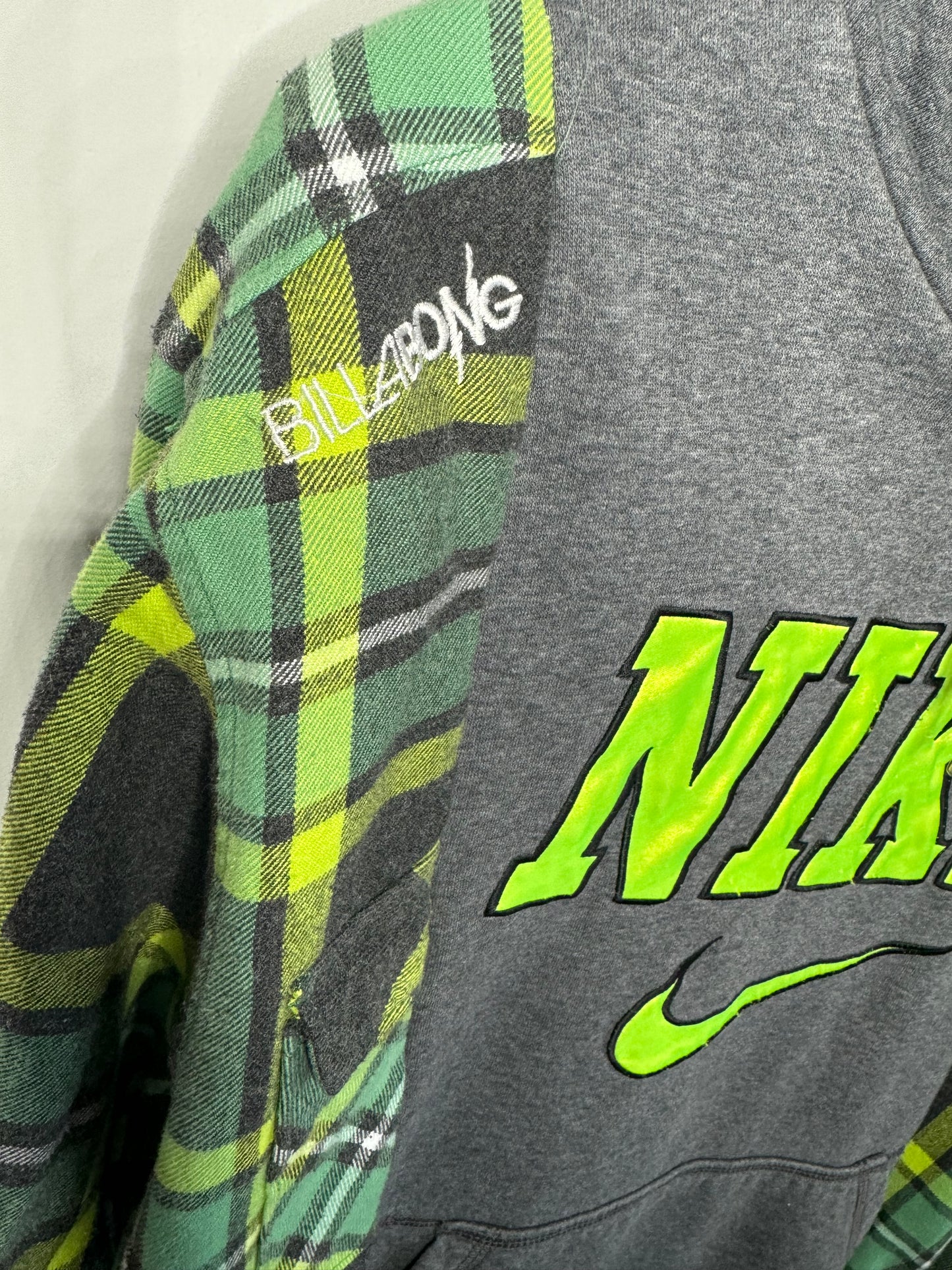 Vintage Custom Upcycled 1/1 Reworked Nike x Billabong “GreenGoblin” Hoodie Flannel Sweatshirt